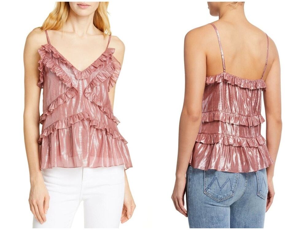 Rebecca Taylor Metallic Lurex Cami Ruffle Blouse Size Small NEW Rose Gold